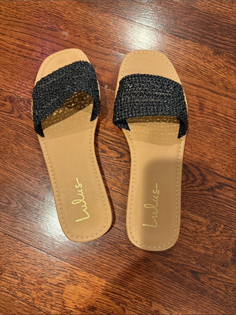 Lulu's Black Woven Slide Sandals with Tan Footbed